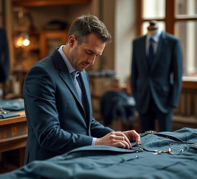 Sartore esperto che realizza un abito su misura in atelier a Roma